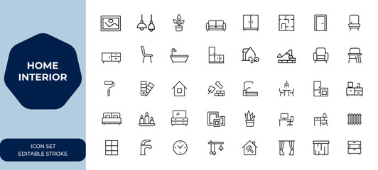 Home interior design Outline linear icon collection. Editable stroke vector illustration featuring home decor, furniture, architecture, room layout, modern style, house elements, renovation
