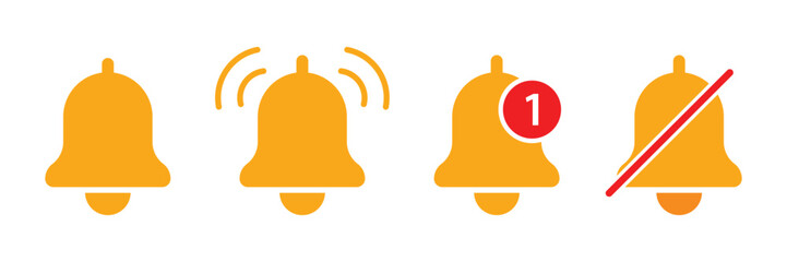Yellow bell notification icon set with alert sound mute and badge symbol vector illustration for mobile UI and web interface design.