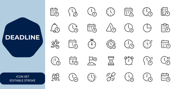 Deadline Linear outline icon collection. Vector illustration set ideal for projects, time management, schedule, urgency, countdown, punctuality and more.