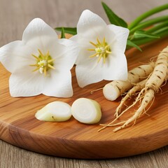 Naklejka premium The image of white platycodon flower and root symbolizes the herb used in health foods and holistic cooking.