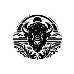 Monochrome bison head illustration with vintage landscape elements