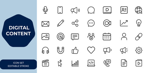 Digital content creation Outline icon set featuring editable stroke linear illustrations, media, marketing, and communication. Vector icons for app, podcast, blog, video, and website and more.