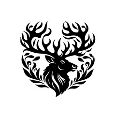Obraz premium Monochrome stag head illustration with ornate antlers and foliage