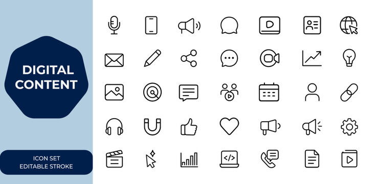 Digital content creation Outline icon set featuring editable stroke linear illustrations, media, marketing, and communication. Vector icons for app, podcast, blog, video, and website and more.