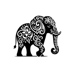 Ornate elephant silhouette isolated on white background, a symbol of wisdom