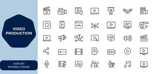 video production and editing Linear outline icon set. Editable stroke vector illustration collection featuring film, media, player, network, motion picture, creative content, technology and more.