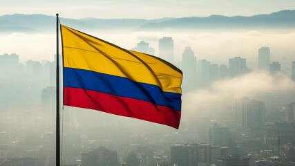 Colombian flag waving over a city. Hazy urban skyline with skyscrapers and mountains in the background. Symbol of national pride and South American patriotism. - Powered by Adobe