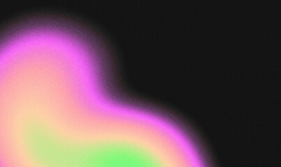 Grainy gradient presents a concentrated area of pink, peach, and green blending into a deep violet and black