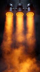 Three Orange Spotlights Illuminating Dense Smoke on Dark Stage Background for Dramatic Scene Use