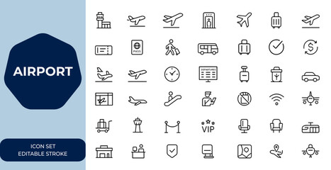 Airport Linear outline icon set. Editable stroke vector illustration including aerodrome, aircraft, airline, boarding, flight, passport, security, shuttle, travel, transportation