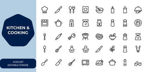kitchen and cooking Linear outline icon collection utensils with editable stroke. Vector illustration featuring chef tools, baking, condiments, grill, food prep, spices, and cookware, vector