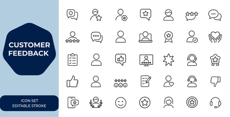 customer feedback Line icon collection featuring client experience, satisfaction, review, and support. Editable stroke vector illustration for business, rating, survey, and service and more.