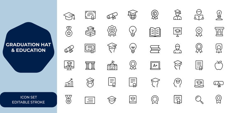 Graduation hat and education Outline linear icon collection. Editable stroke vector illustration set for academic, learning, school, ceremony, cap, diploma and more.