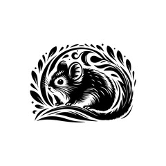 Illustration of a mouse surrounded by floral elements isolated on white background