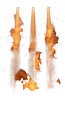 Three Golden Spotlights Casting Smoke Trails and Glitter Particles on White Isolated Background . Transparent PNG. for Design Element Use