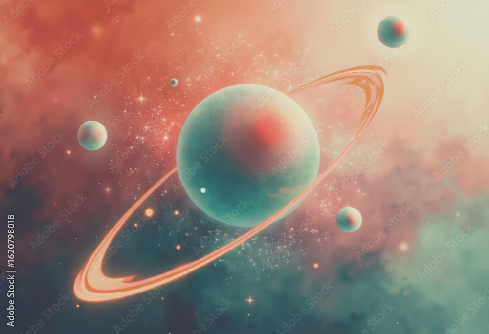 Poster abstract atomic illustration featuring electron orbital patterns and planets