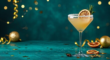 Festive cocktail with sugar rim and rosemary garnish, golden decorations, for New Year party, holiday celebration.