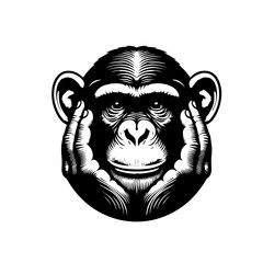 Monkey covering its eyes isolated on white background in vintage style