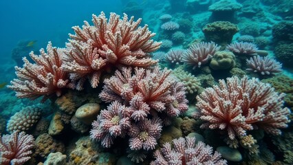 Vibrant Underwater Coral Reef with Colorful Pink and Blue Corals, Teeming with Marine Life in a Pristine Tropical Ocean, Ideal for Nature, Diving, and Conservation Themes