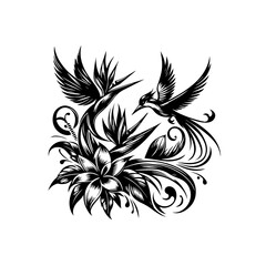 Two hummingbirds with exotic flower isolated on white background