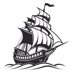 Isolated Black Silhouette of Ship on White Background