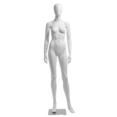 Realistic female mannequin standing on display pedestal in studio  