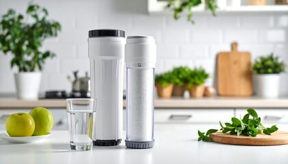 Clean Water Filtration System with Apples and Fresh Herbs on Kitchen Counter