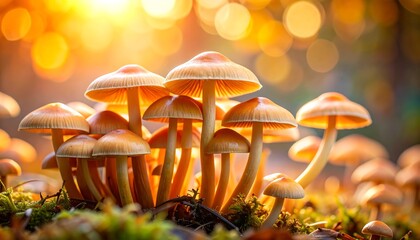 Cluster of delicate pale mushrooms bathed in warm golden sunlight on a mossy forest floor