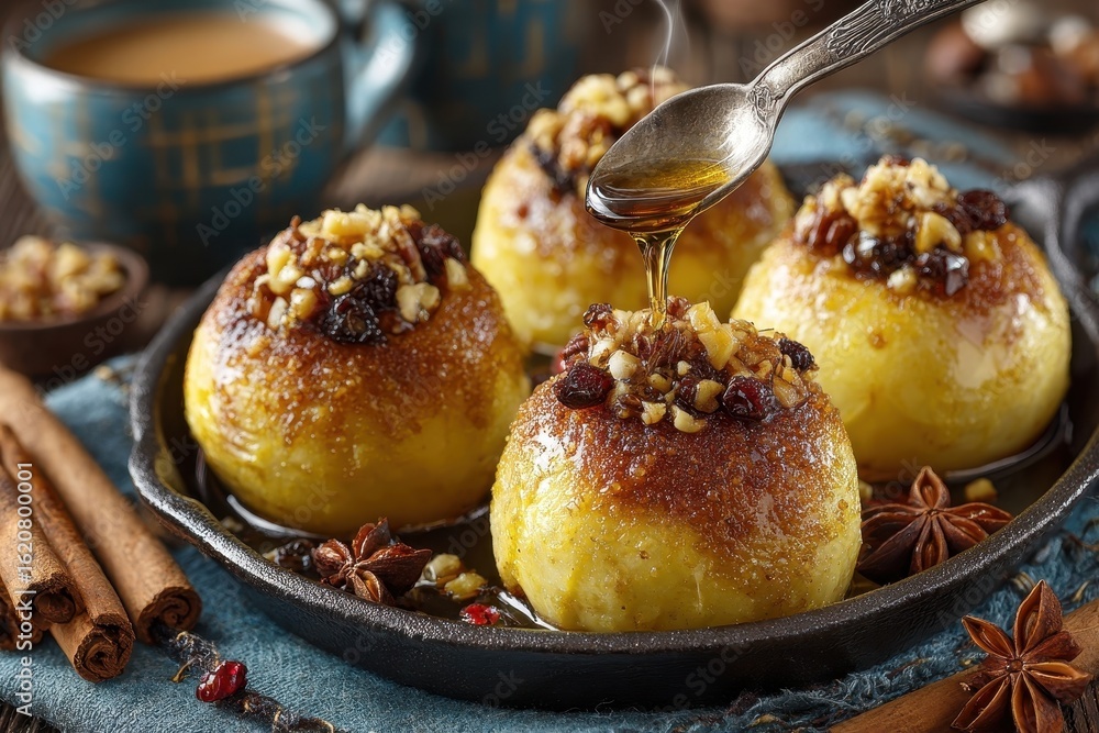 Poster close-up shot of caramelized apples topped with nuts being drizzled with honey, creating a delicious