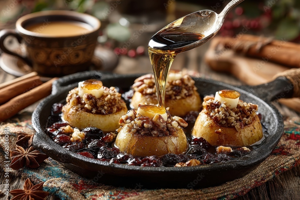 Poster golden syrup is being drizzled over baked apples filled with nuts and raisins, displayed on a black 