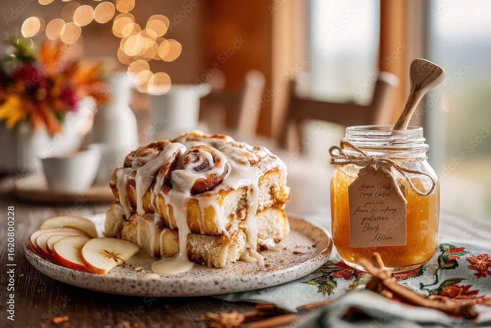 Poster delicious cinnamon rolls drizzled with creamy icing, alongside sliced apples and a jar of honey, cre