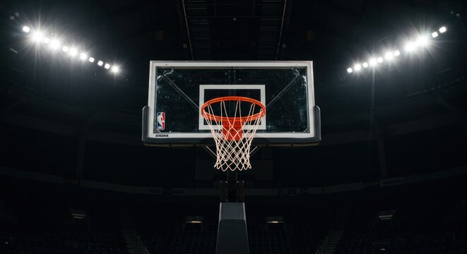 A basketball hoop under bright arena lights, ready for the game.