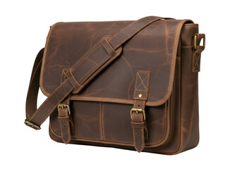 A brown leather messenger bag with adjustable straps.