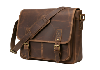 A brown leather messenger bag with adjustable straps.