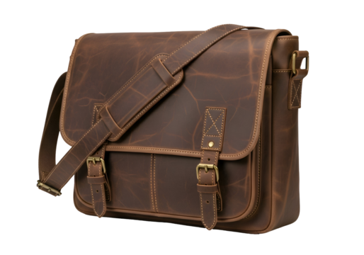 A brown leather messenger bag with adjustable straps.