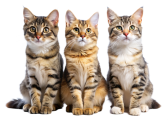 Three cats are sitting isolated on white background PNG.AI.Generated.