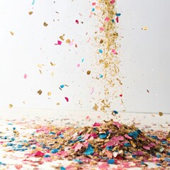 Colorful confetti falling and accumulating on a white surface creating a festive atmosphere