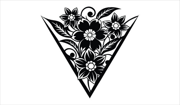 Decorative triangular floral design with flowers and leaves in black and white
