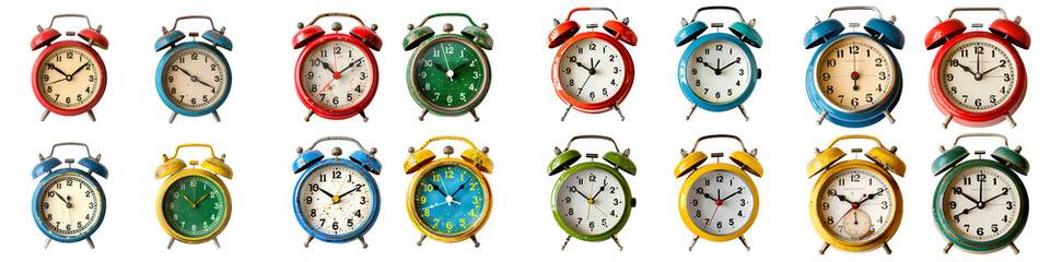 Collection of colorful retro alarm clocks isolated on transparent background.