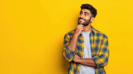 Fototapeta premium Happy joyful smiling young indian man looking aside up thinking of new good opportunities, dreaming, feeling inspired and proud standing isolated on yellow background. Portrait, no logos, no brands