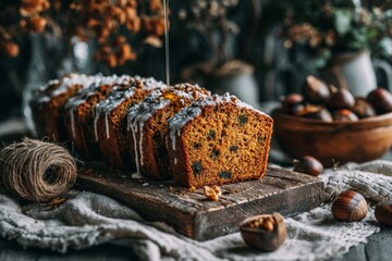 Delicious slices of homemade fruitcake drizzled with honey, sitting on a rustic wooden board, set against a cozy, warm, inviting autumnal background.