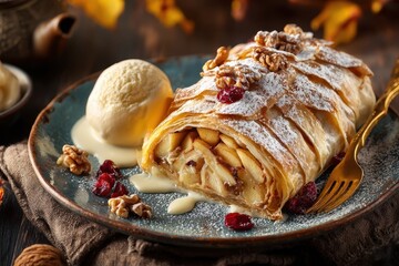 A delectable slice of apple strudel served with a scoop of vanilla ice cream, garnished with walnuts and cranberries, and dusted with powdered sugar on a vintage plate.