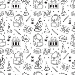 Back to school seamless vector pattern. Pattern school supplies. Vector illustration. Hand-Drawn. Flat design, Black and white line sketch. Stationery, backpack, microscop, books