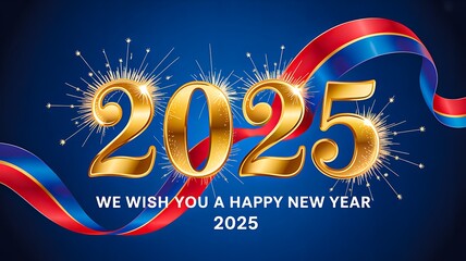 Golden 2025 new year greeting with fireworks and ribbon on blue festive background

