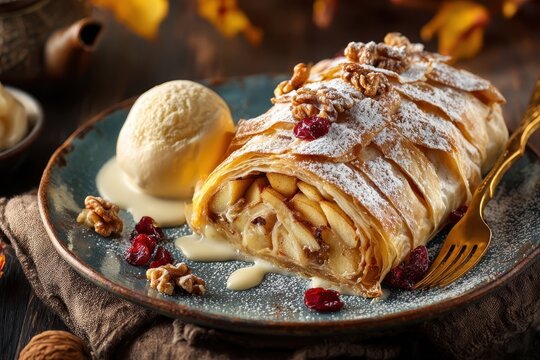 A delectable slice of apple strudel served with a scoop of vanilla ice cream, garnished with walnuts and cranberries, and dusted with powdered sugar on a vintage plate. - Powered by Adobe