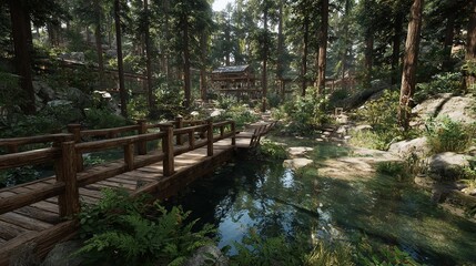 Crossing a wooden bridge over a tranquil stream in a lush forest inviting reflection under soft