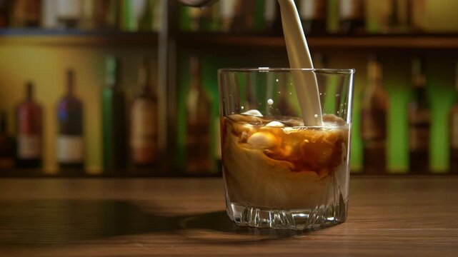 white russian cocktail preparation in slow motion