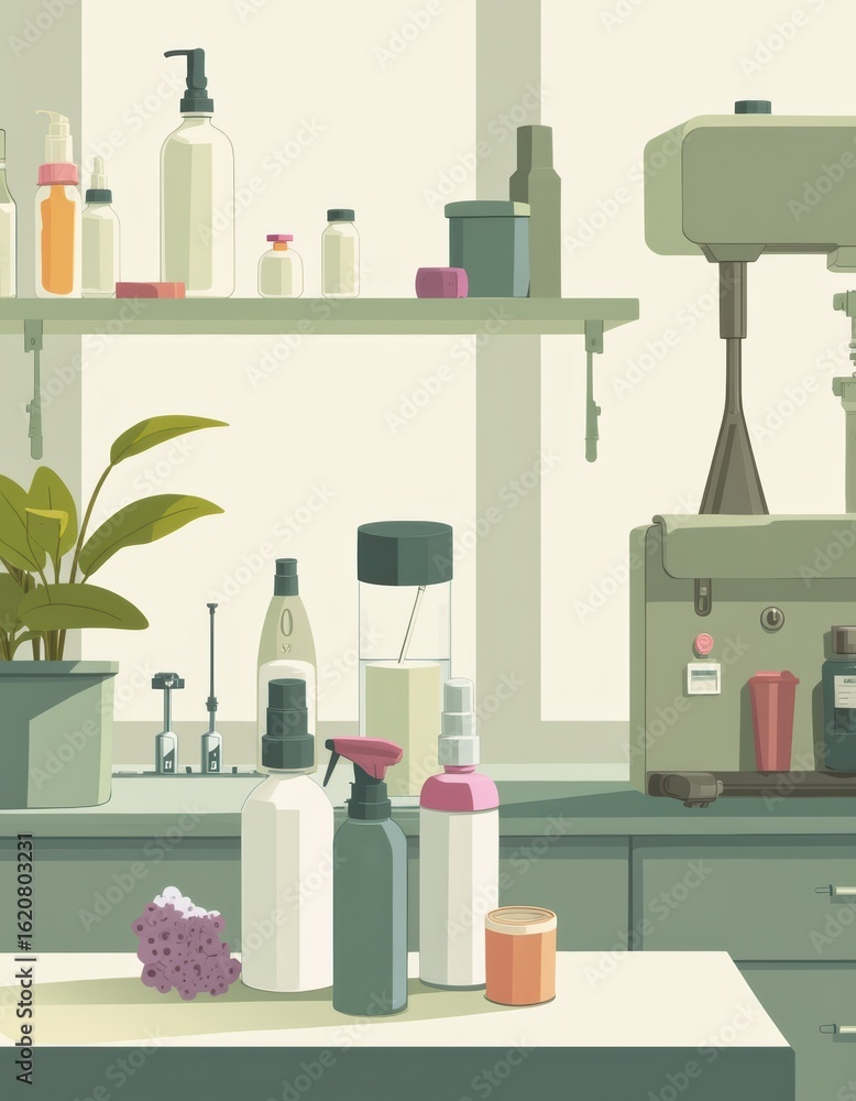 Poster cleaning product formulation laboratory with various bottles and tools