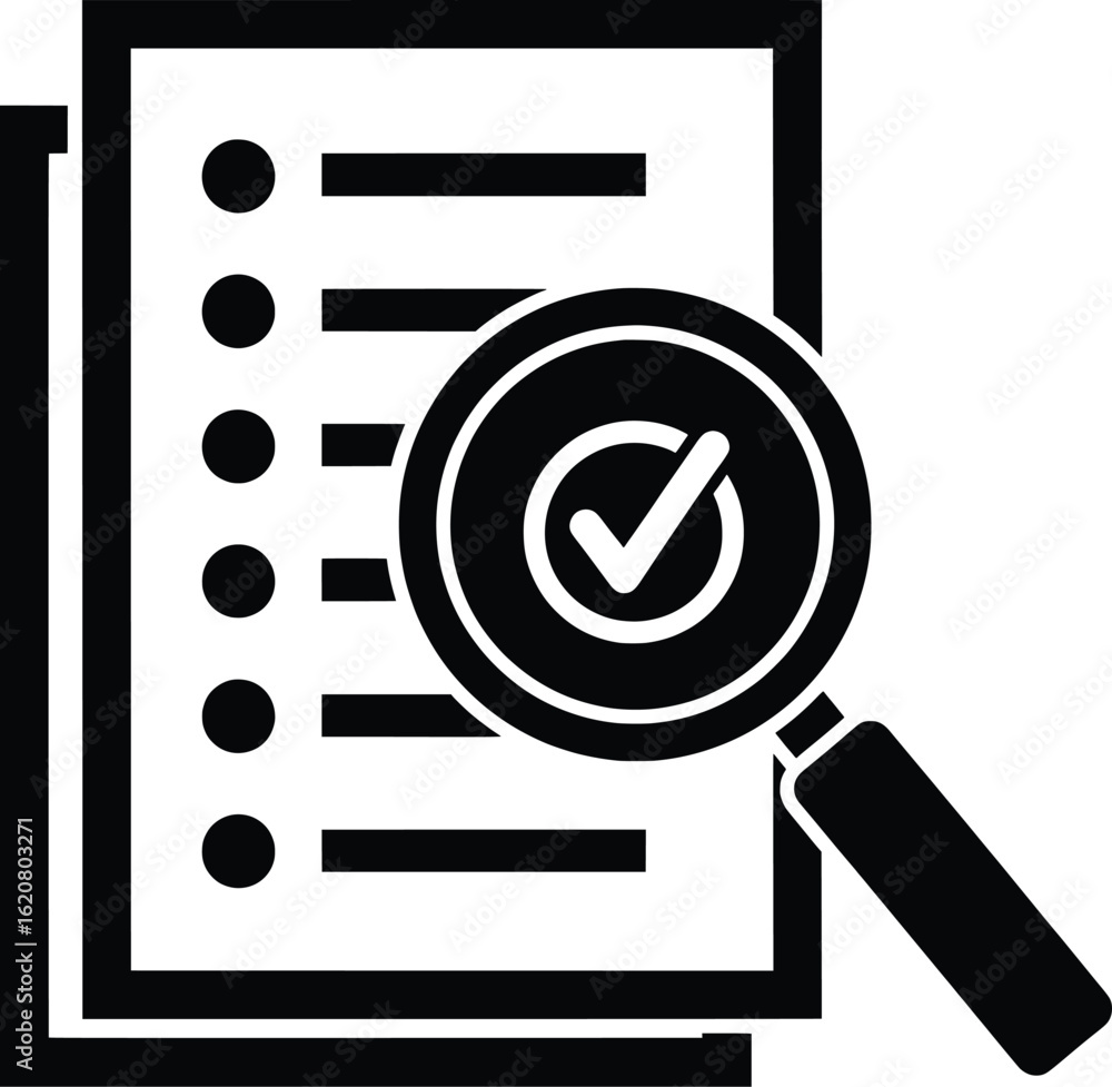 Poster vector illustration of a checklist with a magnifying glass inspecting a document for verification an