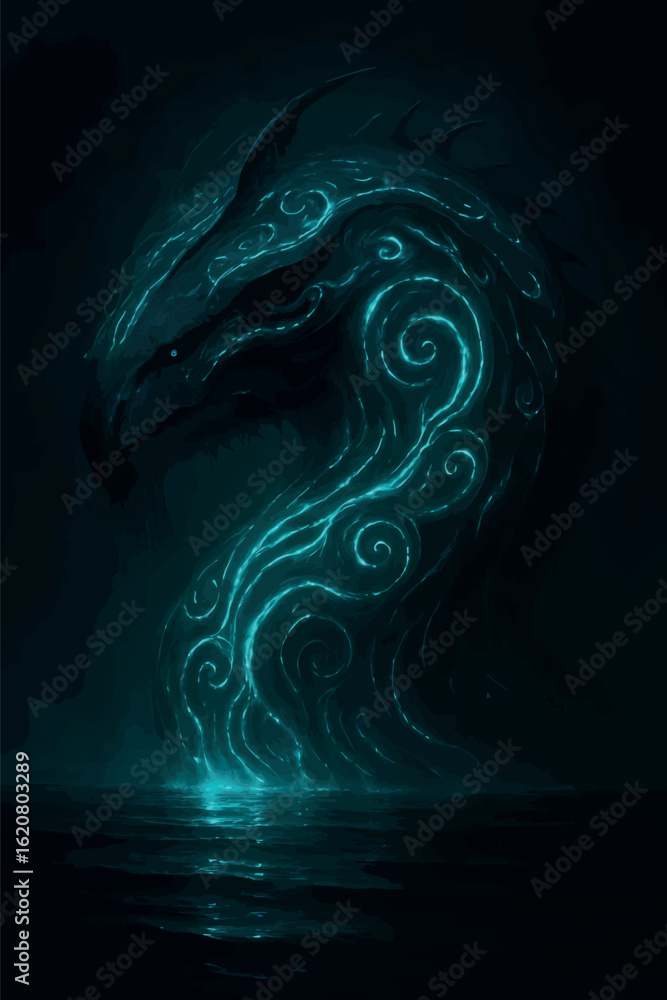 Poster a pulsating darkwave-driven luminous leviathan emerges from the depths, its ethereal glow illuminati